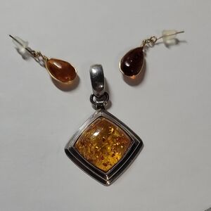 Sterling Silver Amber Pendant and Earrings Set - Honey Amber